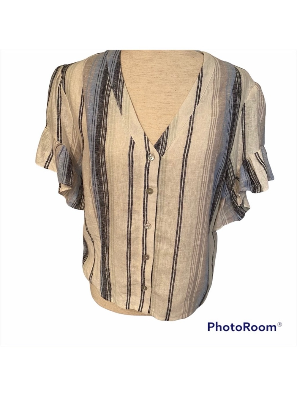 DREW ANTHROPOLOGIE TOP BLOUSE WHITE BLUE GRAY GREEN V-NECK SHORT SLEEVE Size S